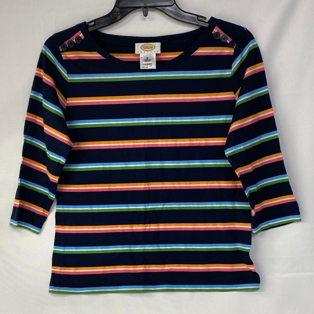 Talbots Women's Navy Multicolor Striped 3/4 Sleeve Top 100% Cotton Size Mp